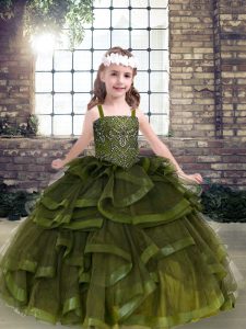 Excellent Olive Green Lace Up Little Girls Pageant Dress Beading and Ruffles Sleeveless Floor Length