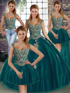 Custom Made Sleeveless Tulle Floor Length Lace Up Quinceanera Gown in Peacock Green with Beading and Appliques