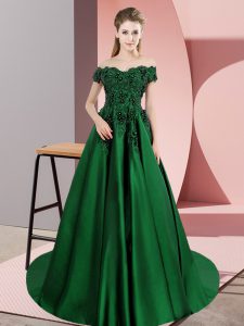 Beautiful Dark Green Quince Ball Gowns Sweet 16 and Quinceanera with Lace Off The Shoulder Sleeveless Court Train Zipper