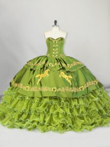 Olive Green Ball Gowns Satin and Organza Sweetheart Sleeveless Embroidery and Ruffled Layers Lace Up 15 Quinceanera Dres
