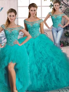 Great Aqua Blue Sleeveless Brush Train Beading and Ruffles Ball Gown Prom Dress