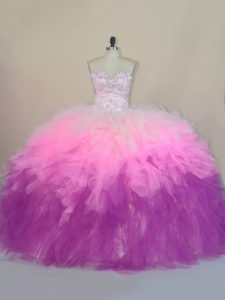 Sumptuous Multi-color Sweetheart Lace Up Beading and Ruffles Quinceanera Gown Brush Train Sleeveless