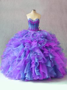 Multi-color Lace Up Sweet 16 Dress Beading and Appliques and Ruffles Sleeveless Floor Length
