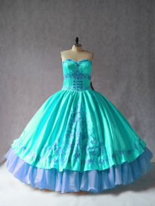 Aqua Blue Ball Gowns Sweetheart Sleeveless Satin and Organza Floor Length Lace Up Embroidery Sweet 16 Dress