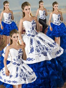 Hot Sale Blue And White Sweetheart Neckline Embroidery and Ruffles Sweet 16 Quinceanera Dress Sleeveless Lace Up