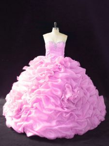 Superior Lilac Ball Gowns Sweetheart Sleeveless Organza Court Train Lace Up Beading and Pick Ups and Hand Made Flower Qu