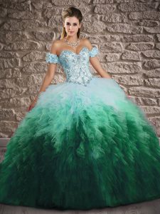 Sleeveless Beading and Ruffles Lace Up Vestidos de Quinceanera with Multi-color Brush Train