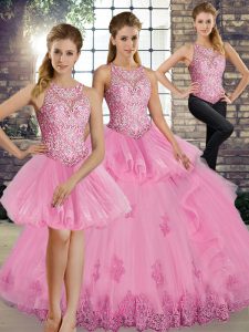 Fashion Three Pieces 15 Quinceanera Dress Rose Pink Scoop Tulle Sleeveless Floor Length Lace Up