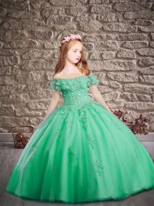 Graceful Tulle Off The Shoulder Short Sleeves Brush Train Lace Up Appliques Kids Formal Wear in Turquoise