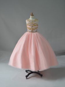 Wonderful Pink Ball Gowns Beading Little Girl Pageant Dress Backless Tulle Sleeveless Floor Length