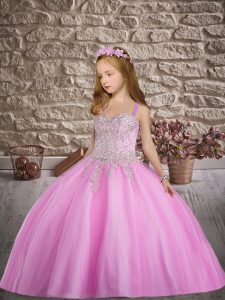 Floor Length Lace Up Little Girl Pageant Gowns Lilac for Wedding Party with Beading and Appliques