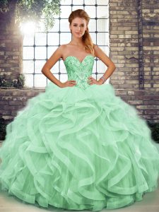 Modest Tulle Sweetheart Sleeveless Lace Up Beading and Ruffles Sweet 16 Quinceanera Dress in Apple Green