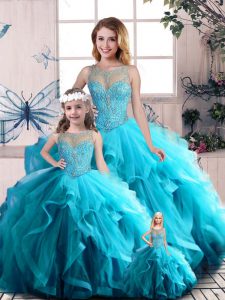 Best Aqua Blue Ball Gowns Scoop Sleeveless Tulle Floor Length Lace Up Beading and Ruffles 15th Birthday Dress