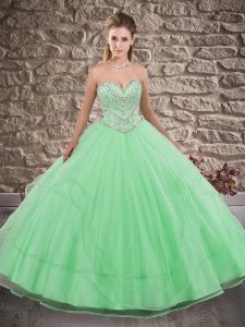 Best Selling Sleeveless Beading and Ruffles Lace Up 15th Birthday Dress with Green Brush Train