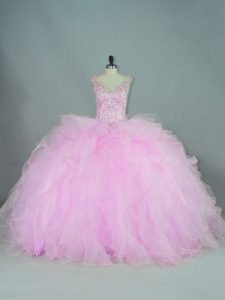 V-neck Sleeveless Quinceanera Gowns Brush Train Beading and Ruffles Lilac Tulle