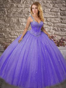 Lavender Sleeveless Floor Length Beading Lace Up Sweet 16 Dresses