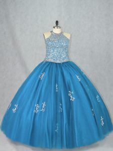 Latest Blue Lace Up Quince Ball Gowns Beading and Appliques Sleeveless Floor Length
