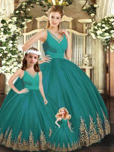 Hot Sale Turquoise Sleeveless Floor Length Embroidery Backless 15 Quinceanera Dress