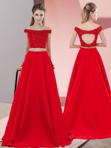 Red Prom Gown Elastic Woven Satin Sweep Train Sleeveless Beading