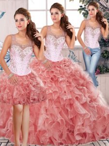 Watermelon Red Three Pieces Scoop Sleeveless Organza Floor Length Clasp Handle Beading and Ruffles Quinceanera Gown