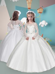 Low Price White Ball Gowns Beading Little Girl Pageant Dress Zipper Tulle Long Sleeves Floor Length
