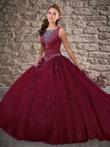 Sleeveless Beading and Appliques Zipper Quinceanera Gown with Burgundy Brush Train