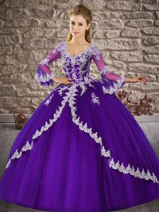 Purple Ball Gowns Tulle V-neck 3 4 Length Sleeve Lace Floor Length Lace Up Sweet 16 Quinceanera Dress