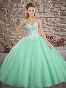 Comfortable Sweetheart Sleeveless Brush Train Lace Up Sweet 16 Dresses Apple Green Tulle