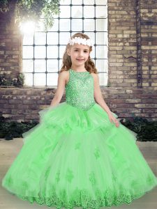 Elegant Sleeveless Floor Length Appliques Lace Up High School Pageant Dress with Yellow Green