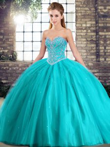 Brush Train Ball Gowns 15 Quinceanera Dress Aqua Blue Sweetheart Tulle Sleeveless Lace Up