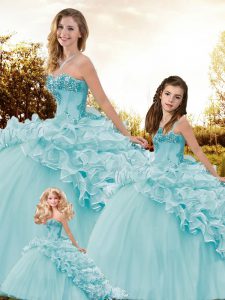 Amazing Lace Up Quinceanera Gown Aqua Blue for Military Ball and Sweet 16 and Quinceanera with Beading and Ruffles Brush
