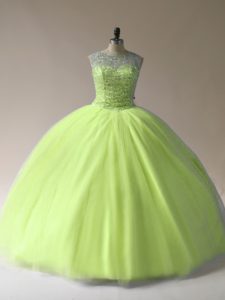 Fine Yellow Green Scoop Lace Up Beading 15th Birthday Dress Sleeveless