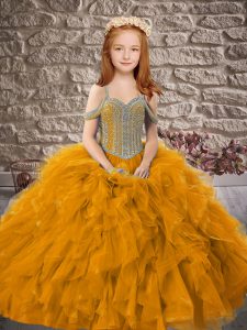 Gold Tulle Lace Up Off The Shoulder Sleeveless Floor Length Child Pageant Dress Beading and Ruffles