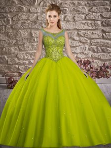 Admirable Yellow Green Scoop Lace Up Beading 15th Birthday Dress Sleeveless