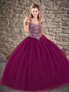 Fuchsia Tulle Lace Up Off The Shoulder Sleeveless Floor Length Sweet 16 Dress Beading