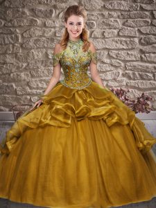 Beautiful Halter Top Sleeveless Sweet 16 Quinceanera Dress Floor Length Beading and Ruffles Gold Organza