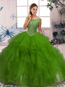 Beauteous Green Ball Gowns Scoop Sleeveless Organza Floor Length Zipper Beading and Ruffles 15 Quinceanera Dress