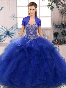 Royal Blue Tulle Lace Up 15th Birthday Dress Sleeveless Floor Length Beading and Ruffles