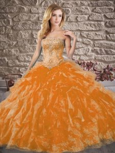 Sleeveless Beading and Ruffles Lace Up 15th Birthday Dress with Orange Red Brush Train
