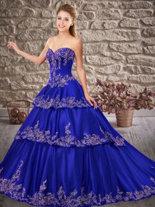 Great Royal Blue Quince Ball Gowns Satin Brush Train Sleeveless Appliques