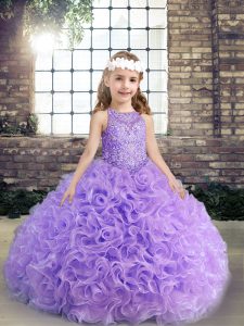 Scoop Sleeveless Little Girl Pageant Dress Floor Length Beading and Ruching Lavender Fabric With Rolling Flowers