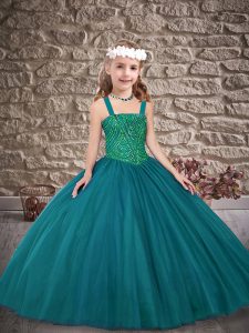 Elegant Peacock Green Sleeveless Beading Floor Length Kids Pageant Dress