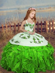 Fancy Straps Sleeveless Organza Winning Pageant Gowns Embroidery and Ruffles Lace Up