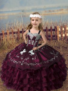 Burgundy Sleeveless Embroidery and Ruffled Layers Floor Length Kids Pageant Dress