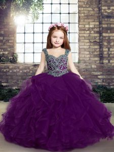 Eggplant Purple Sleeveless Floor Length Beading and Ruffles Lace Up Girls Pageant Dresses