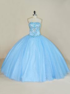 Tulle Strapless Sleeveless Lace Up Beading 15 Quinceanera Dress in Blue