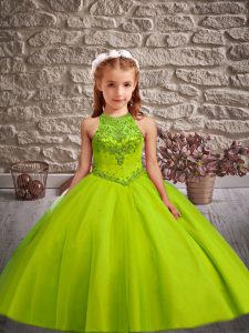 Fashionable Ball Gowns Sleeveless Olive Green Kids Pageant Dress Sweep Train Lace Up