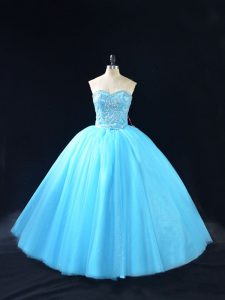 Artistic Baby Blue Sleeveless Floor Length Beading Lace Up Quinceanera Dress
