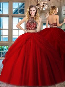 Ideal Red Tulle Backless Halter Top Sleeveless Floor Length Sweet 16 Quinceanera Dress Beading