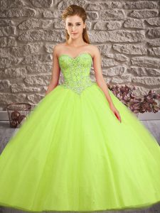 Custom Fit Yellow Green Sleeveless Tulle Brush Train Lace Up 15th Birthday Dress for Military Ball and Sweet 16 and Quin